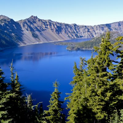 Crater Lake, OR is the deepest lake in the United States. This is a view of the lake from the rim and through or over Pine Trees.